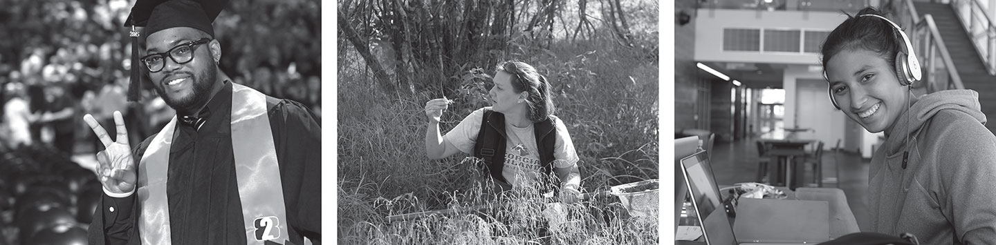 Three black and white photo banner: male student graduating, female student in the wetlands, female student with headphones