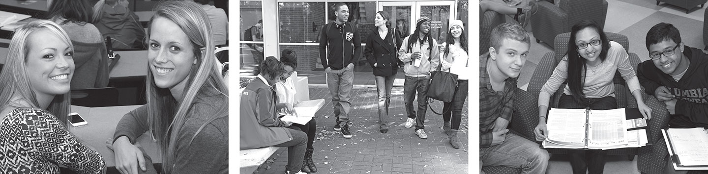 Three photos: two female students, group of male and female students walking outside, and two male and one female student studying