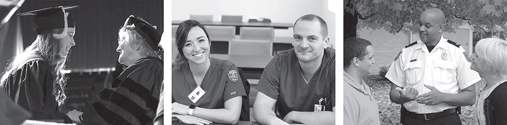 photos of student receiving diploma, two nursing students sitting in class, and campus safety officer talking to two students