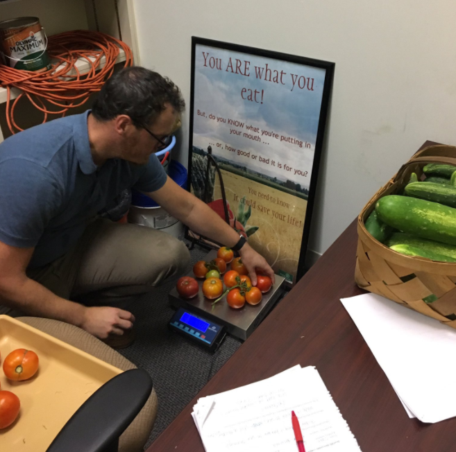 man weighing tomatoes