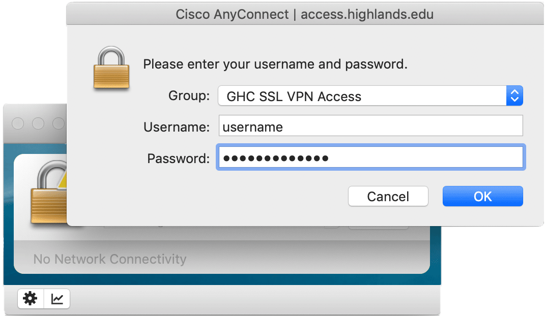Modal for SSL VPN Access recommending login credentials. Username should not include @highlands.edu.