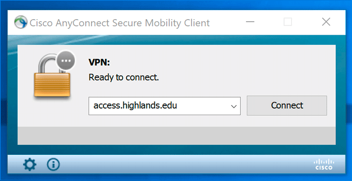 VPN Connect modal with instructions to add url and click connect button.