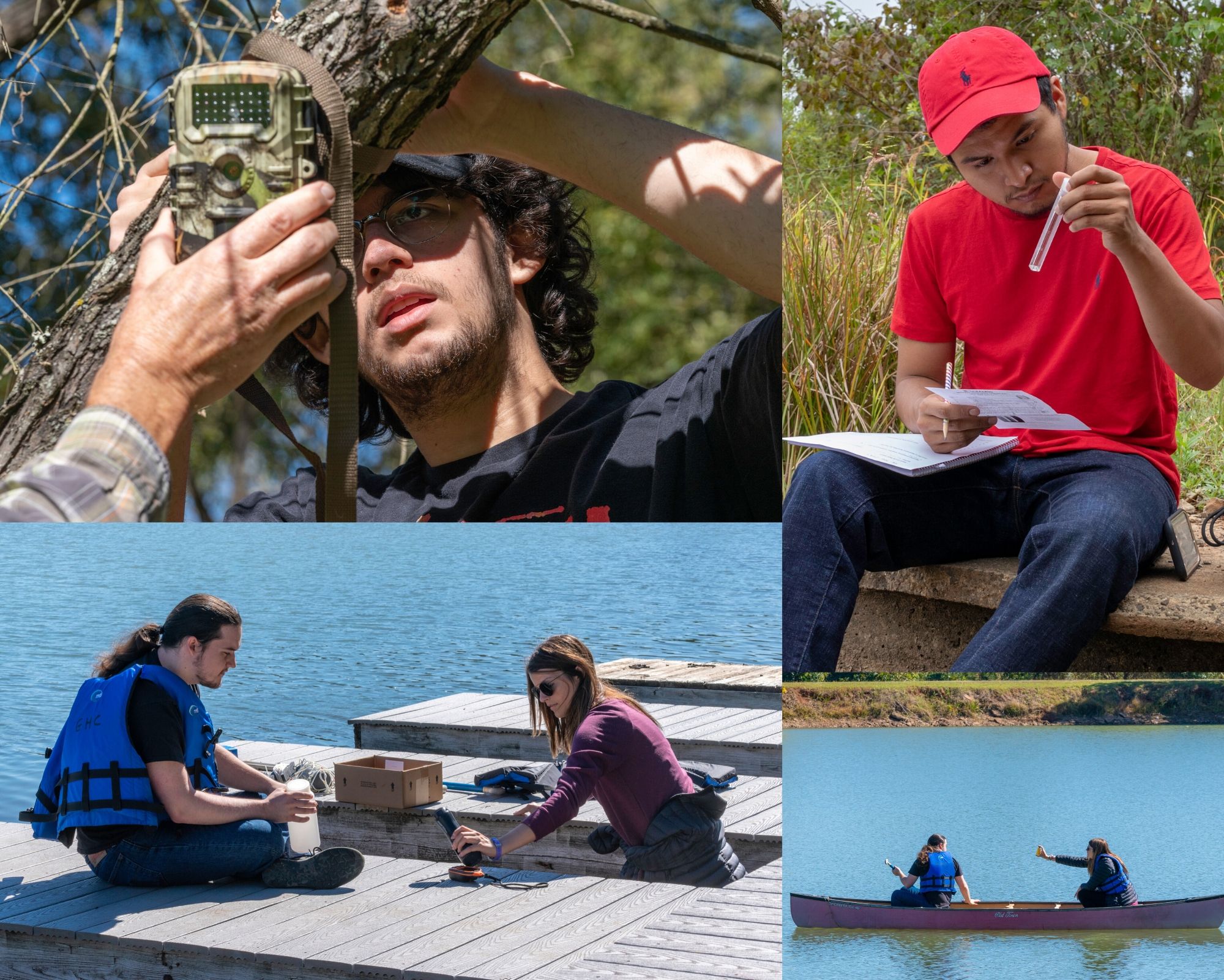 students doing research on lake