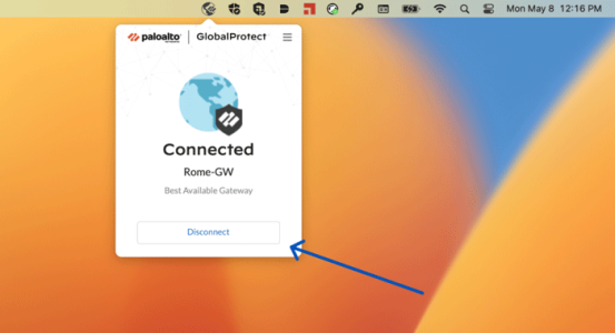Mac GlobalProtect connection window showing connected status with arrow pointing to the disconnect button