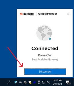 WIndows GlobalProtect connection window showing connected status with arrow pointing to the disconnect button