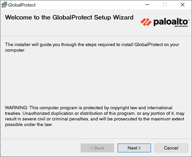 GlobalProtect Installer Wizard welcome screen