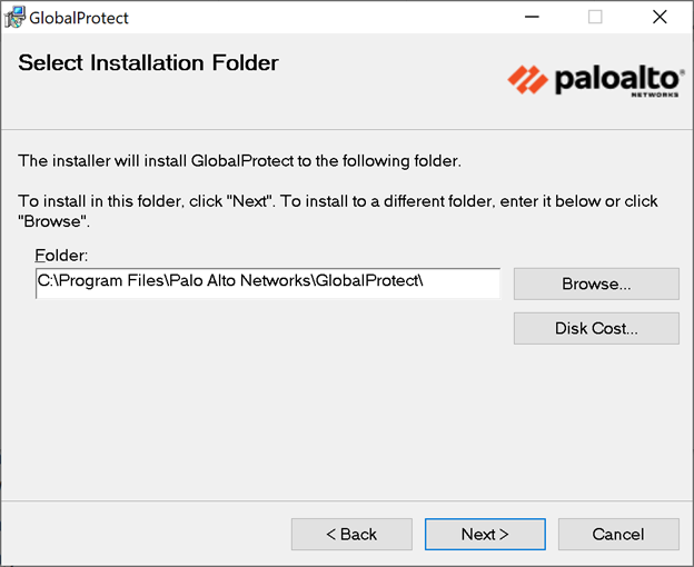 GlobalProtect Installer Wizard Select Installer Folder screen