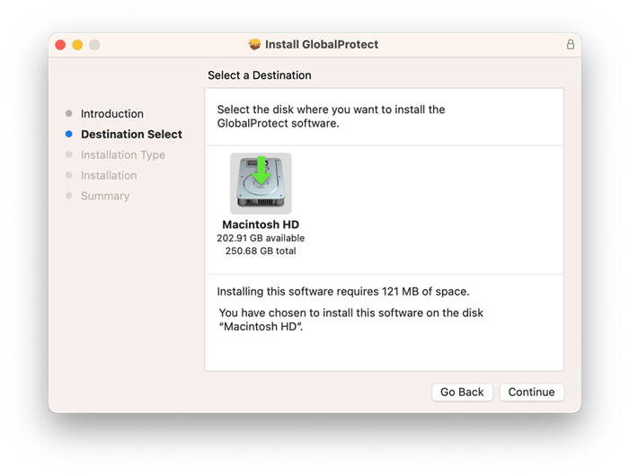 Select a Destination screen of the Installer dialog