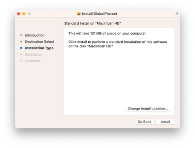 Installation Type screen of the Installer dialog